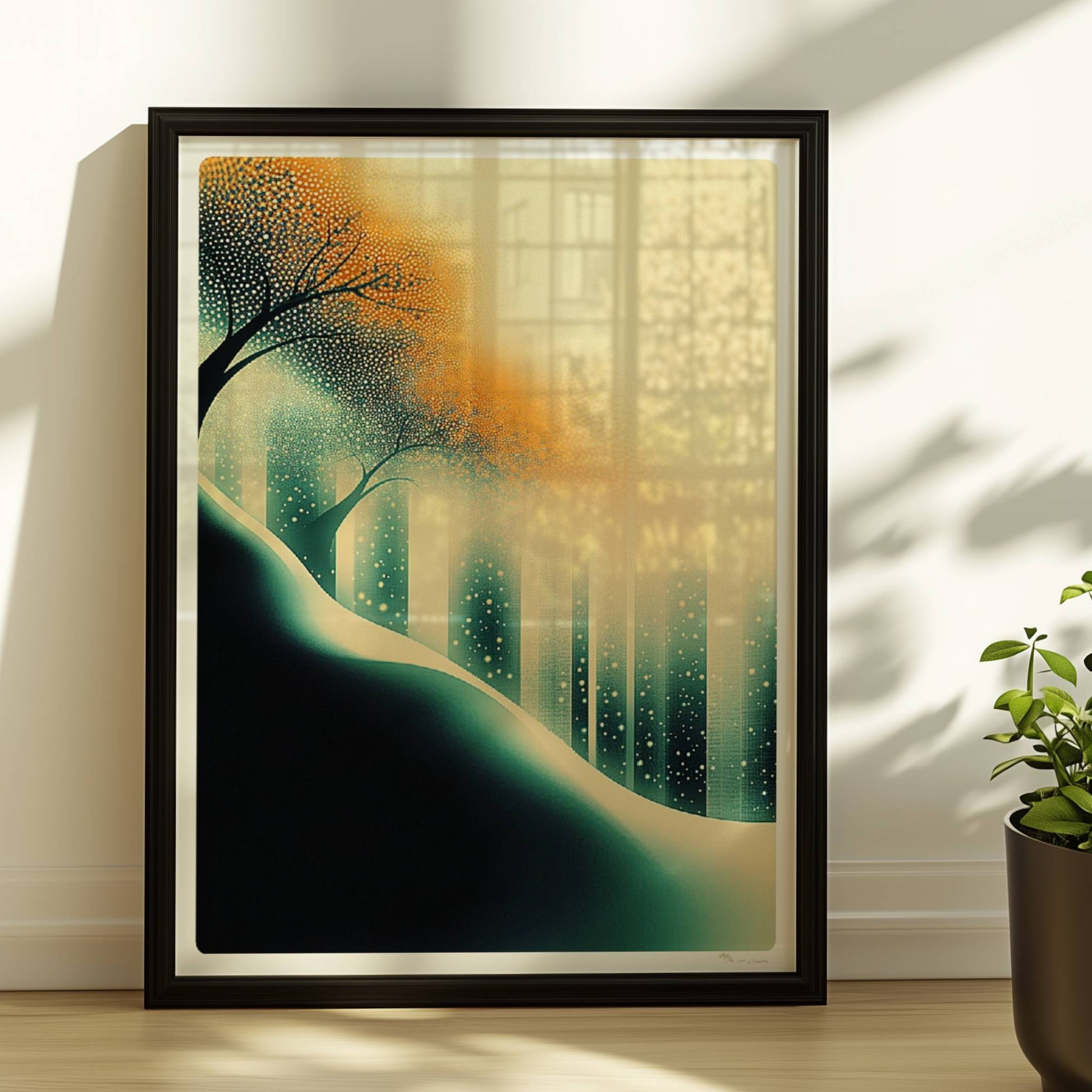 Ätherische Waldlicht-Landschaft, leuchtende Sonnenstrahlen im abstrakten Wald. Rahmen schwarz 30x40
