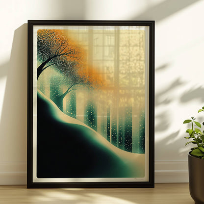 Ätherische Waldlicht-Landschaft, leuchtende Sonnenstrahlen im abstrakten Wald. Rahmen schwarz 30x40