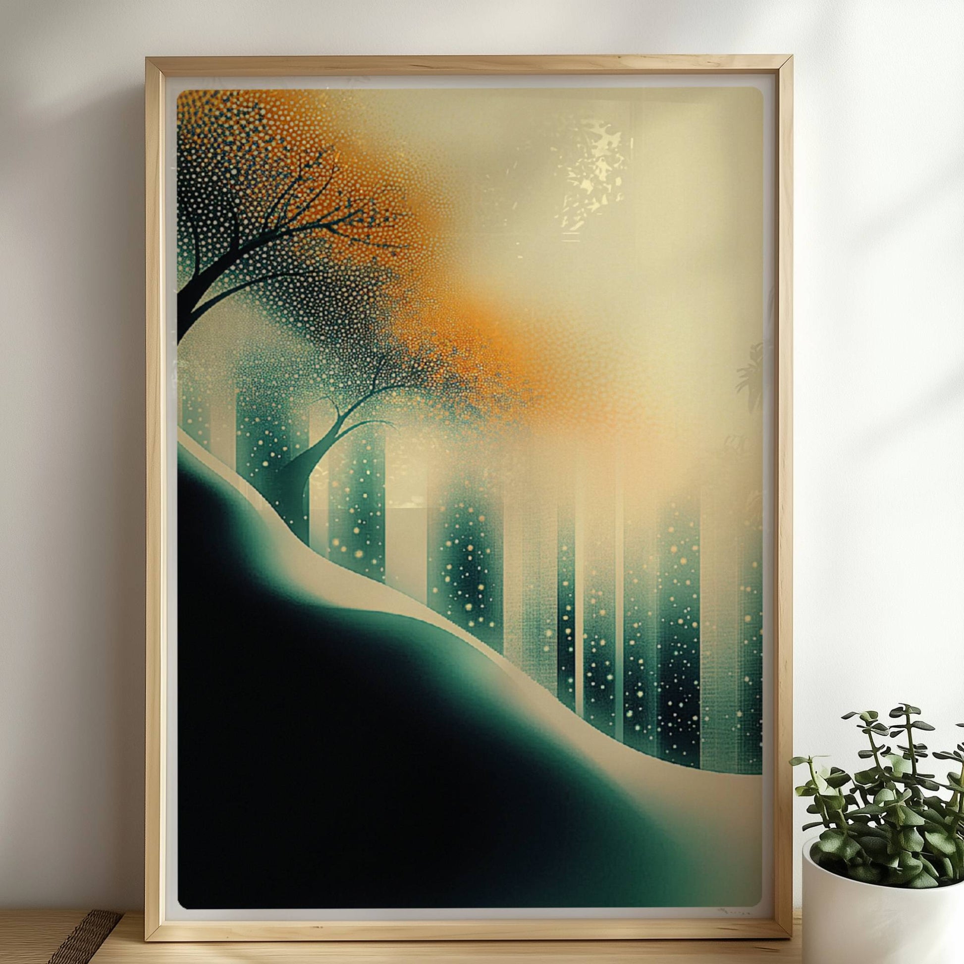Ätherische Waldlicht-Landschaft, leuchtende Sonnenstrahlen im abstrakten Wald. Rahmen natur 50x70