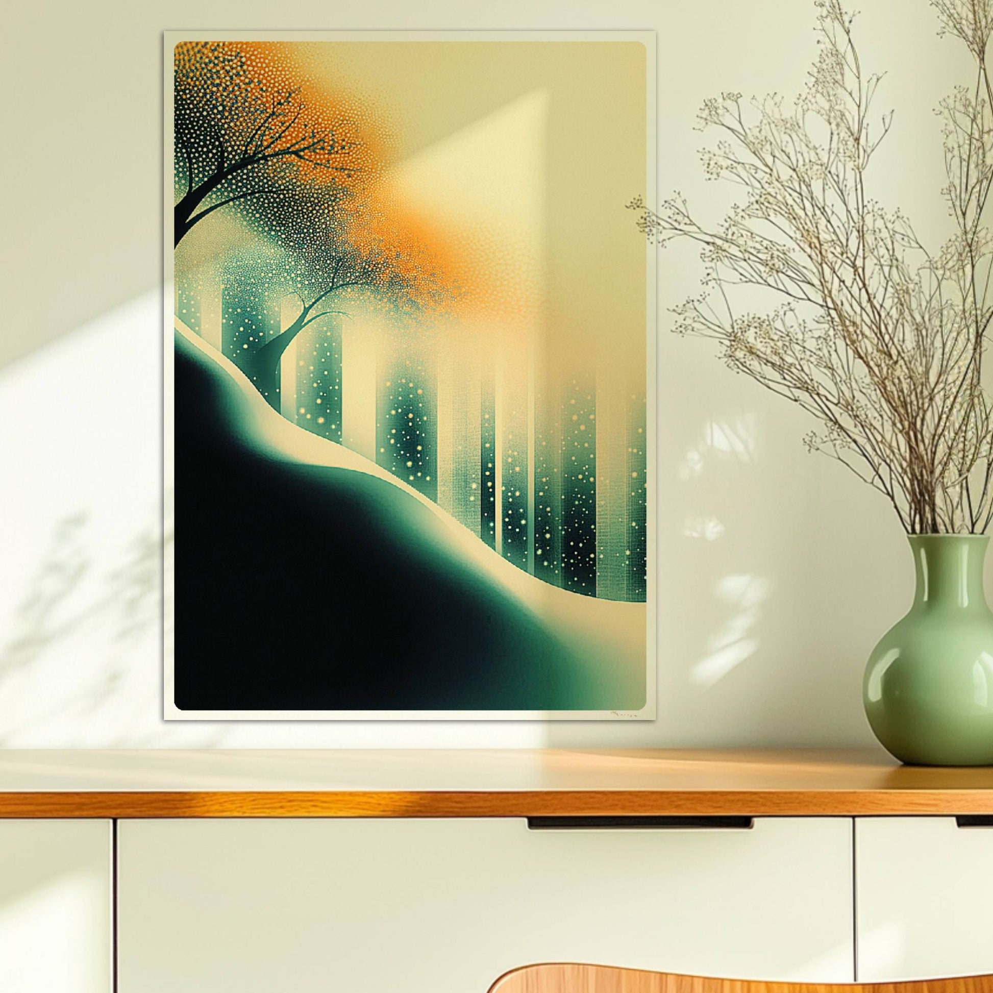 Ätherische Waldlicht-Landschaft, leuchtende Sonnenstrahlen im abstrakten Wald. Ohne Rahmen 50x70