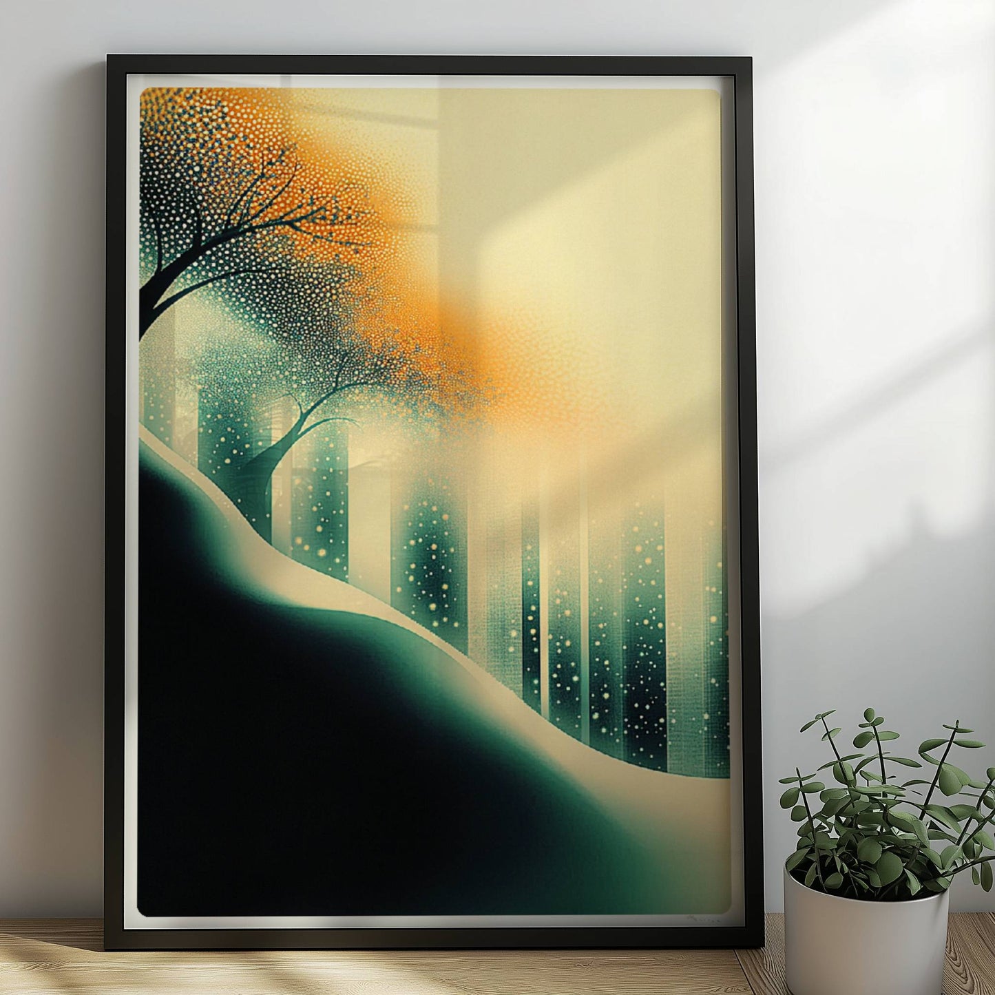 Ätherische Waldlicht-Landschaft, leuchtende Sonnenstrahlen im abstrakten Wald. Rahmen schwarz 50x70
