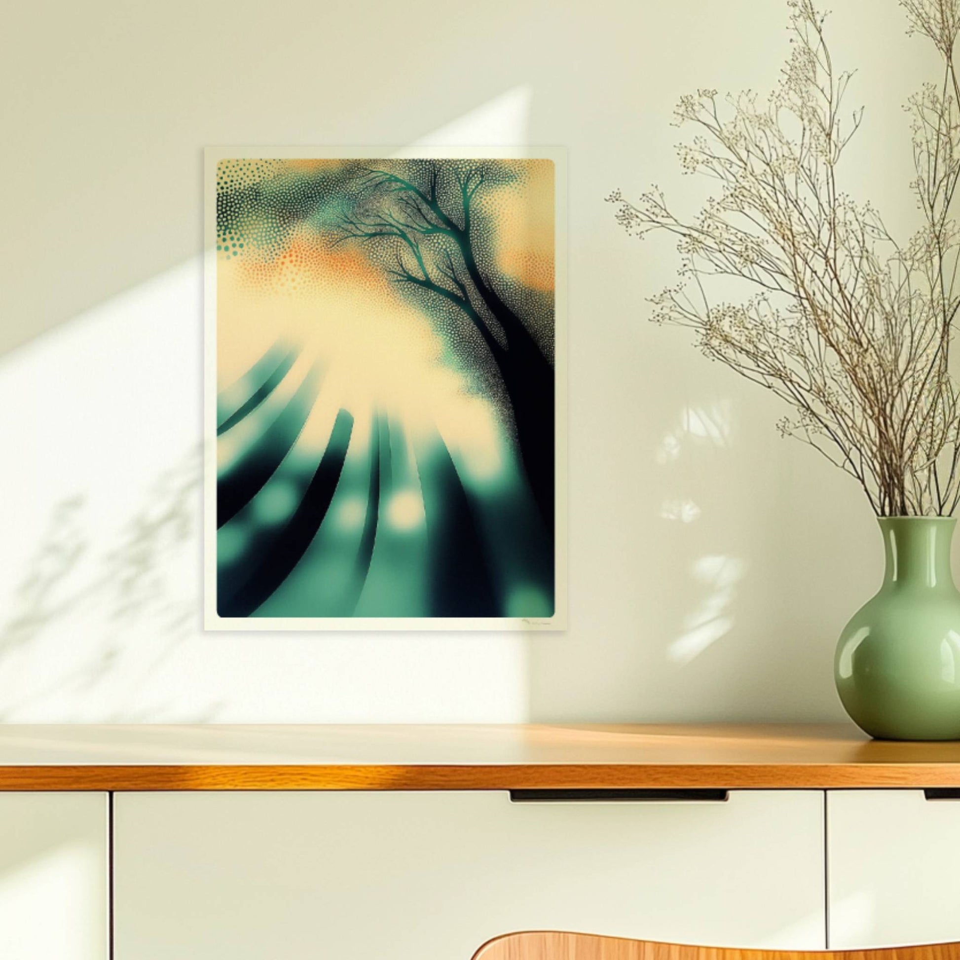 Abstrakte Sonnenstrahlen im Wald, energetisches Lichtspiel in moderner Naturkulisse. Ohne Rahmen 30x40