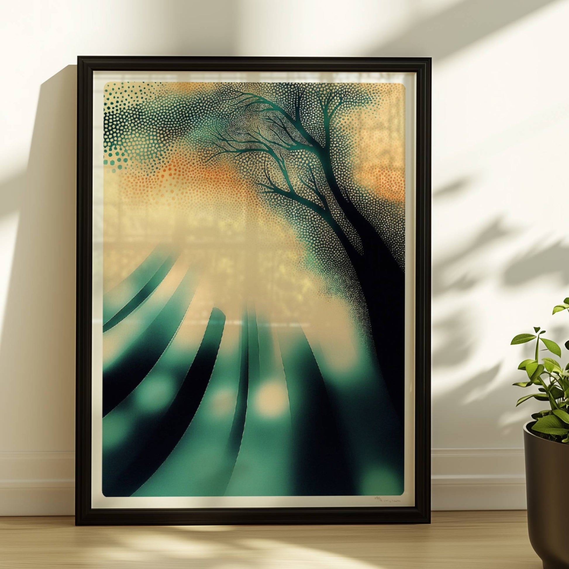 Abstrakte Sonnenstrahlen im Wald, energetisches Lichtspiel in moderner Naturkulisse. Rahmen schwarz 30x40