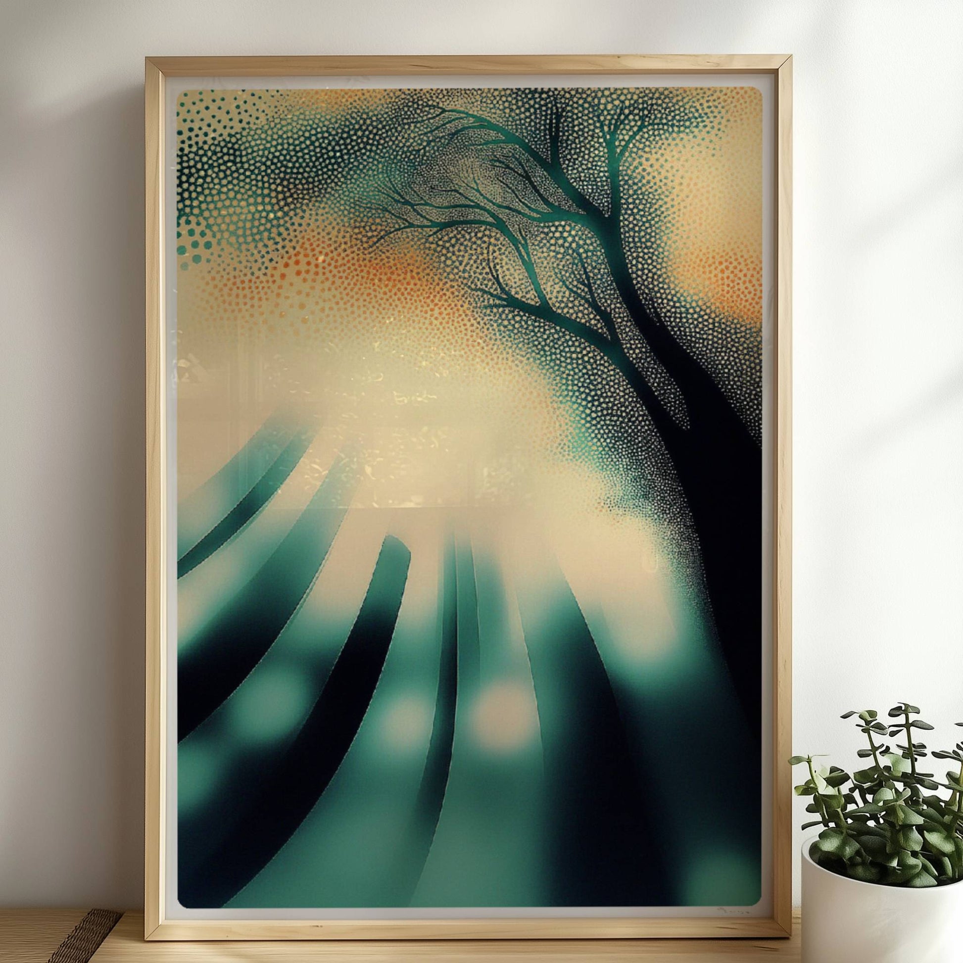 Abstrakte Sonnenstrahlen im Wald, energetisches Lichtspiel in moderner Naturkulisse. Rahmen natur 50x70