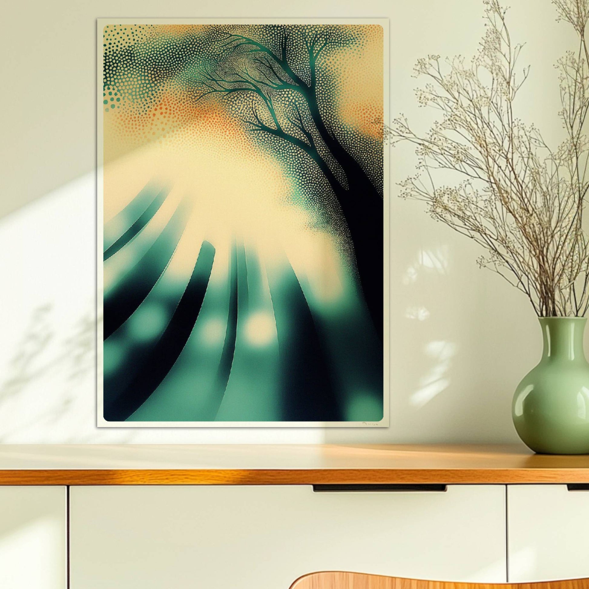 Abstrakte Sonnenstrahlen im Wald, energetisches Lichtspiel in moderner Naturkulisse. Ohne Rahmen 50x70