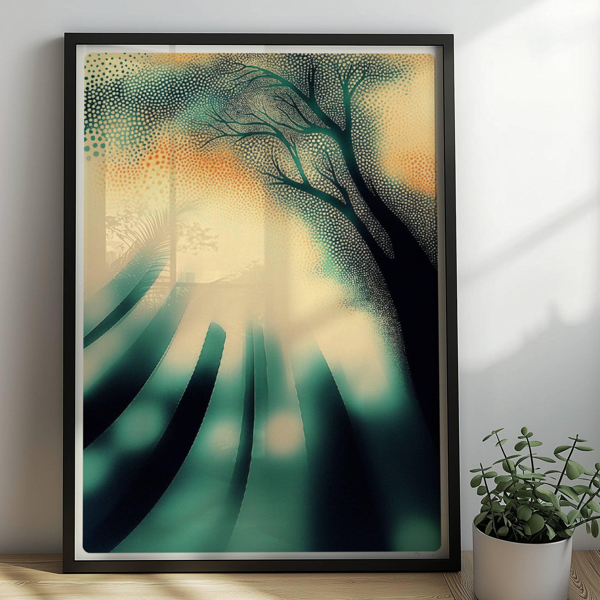 Abstrakte Sonnenstrahlen im Wald, energetisches Lichtspiel in moderner Naturkulisse. Rahmen schwarz 50x70
