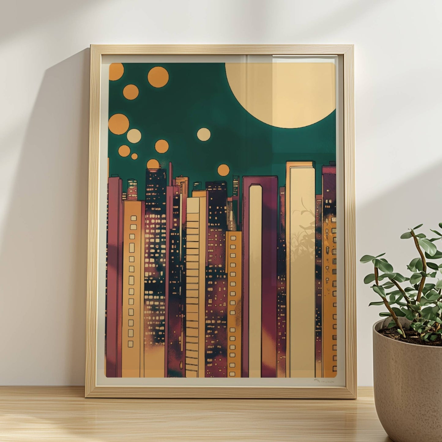 Abstrakte Skyline bei Nacht mit goldenen Lichtkreisen und modernem Stadtbild. Rahmen natur 30x40