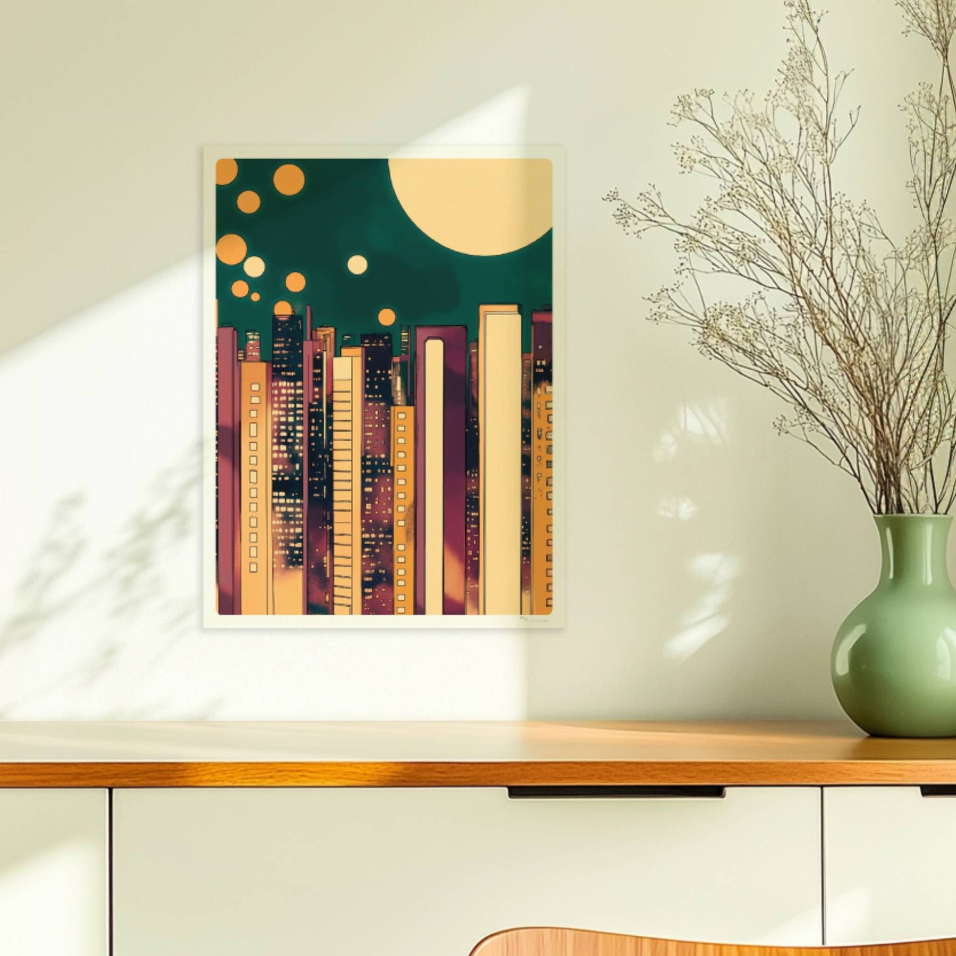Abstrakte Skyline bei Nacht mit goldenen Lichtkreisen und modernem Stadtbild. Ohne Rahmen 30x40