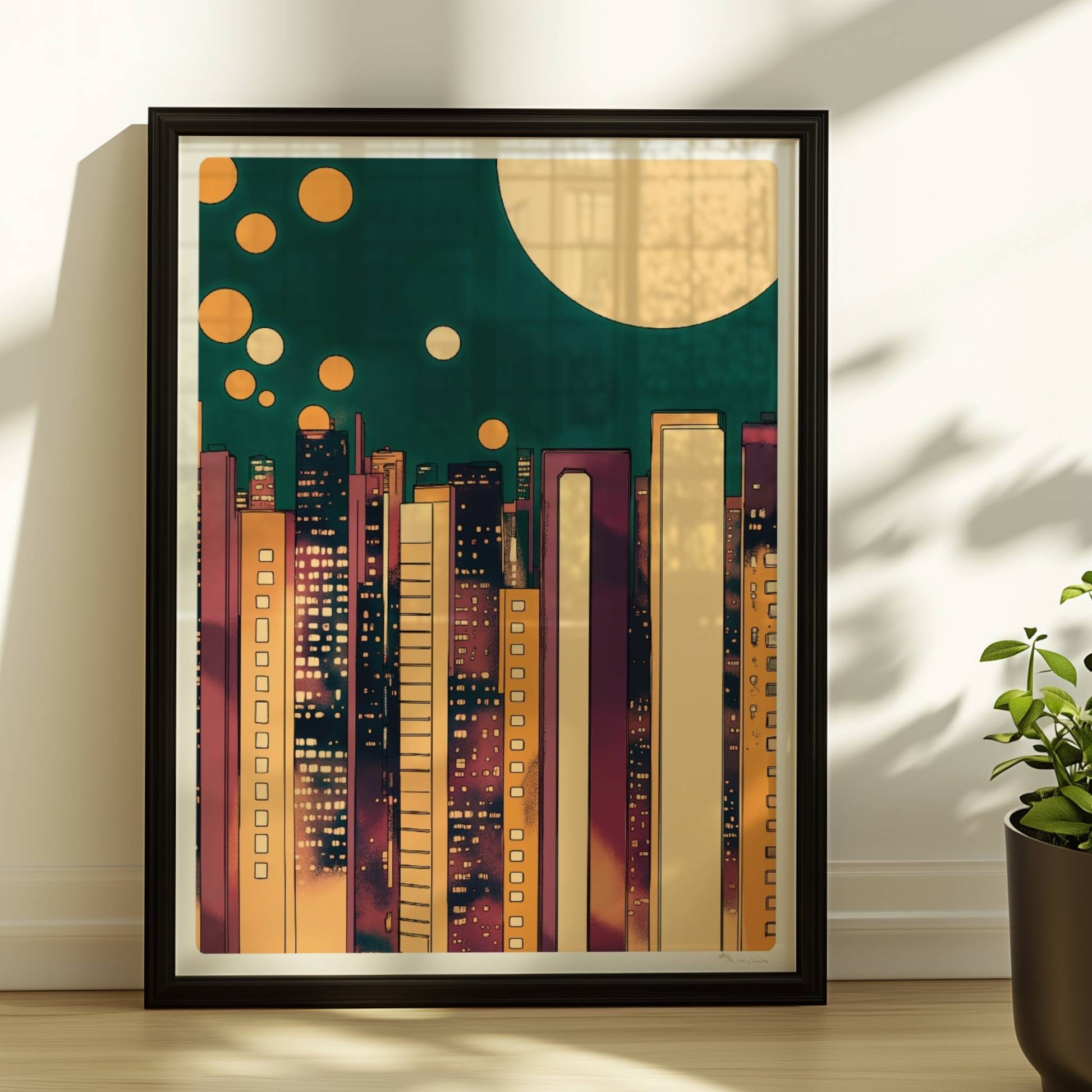 Abstrakte Skyline bei Nacht mit goldenen Lichtkreisen und modernem Stadtbild. Rahmen schwarz 30x40
