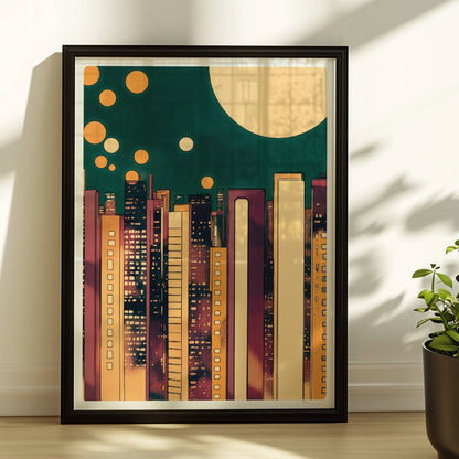 Abstrakte Skyline bei Nacht mit goldenen Lichtkreisen und modernem Stadtbild. Rahmen schwarz 30x40