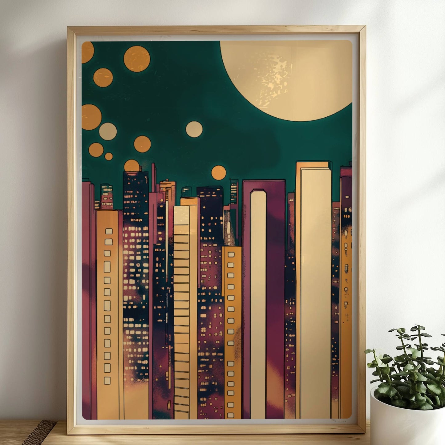 Abstrakte Skyline bei Nacht mit goldenen Lichtkreisen und modernem Stadtbild. Rahmen natur 50x70