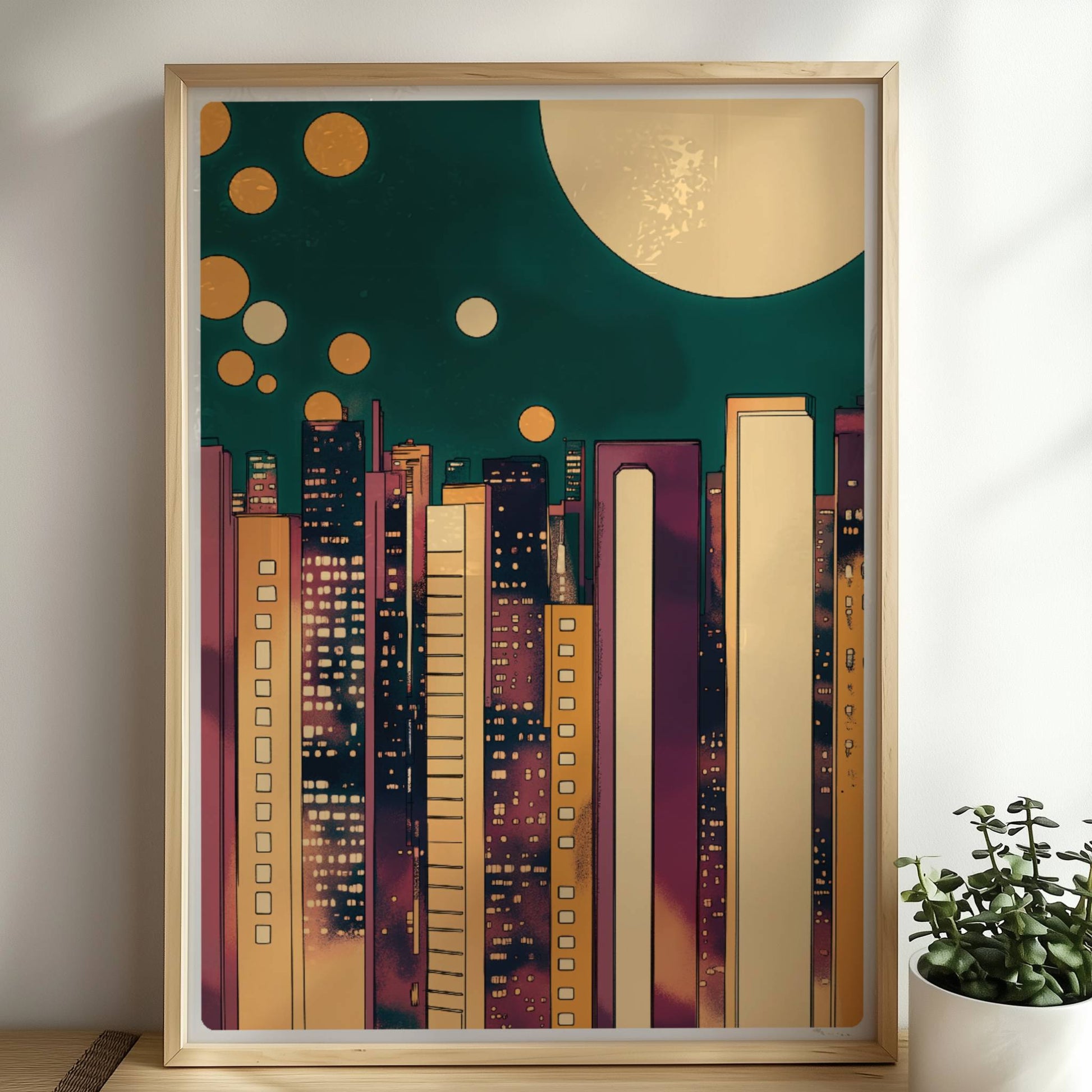 Abstrakte Skyline bei Nacht mit goldenen Lichtkreisen und modernem Stadtbild. Rahmen natur 50x70
