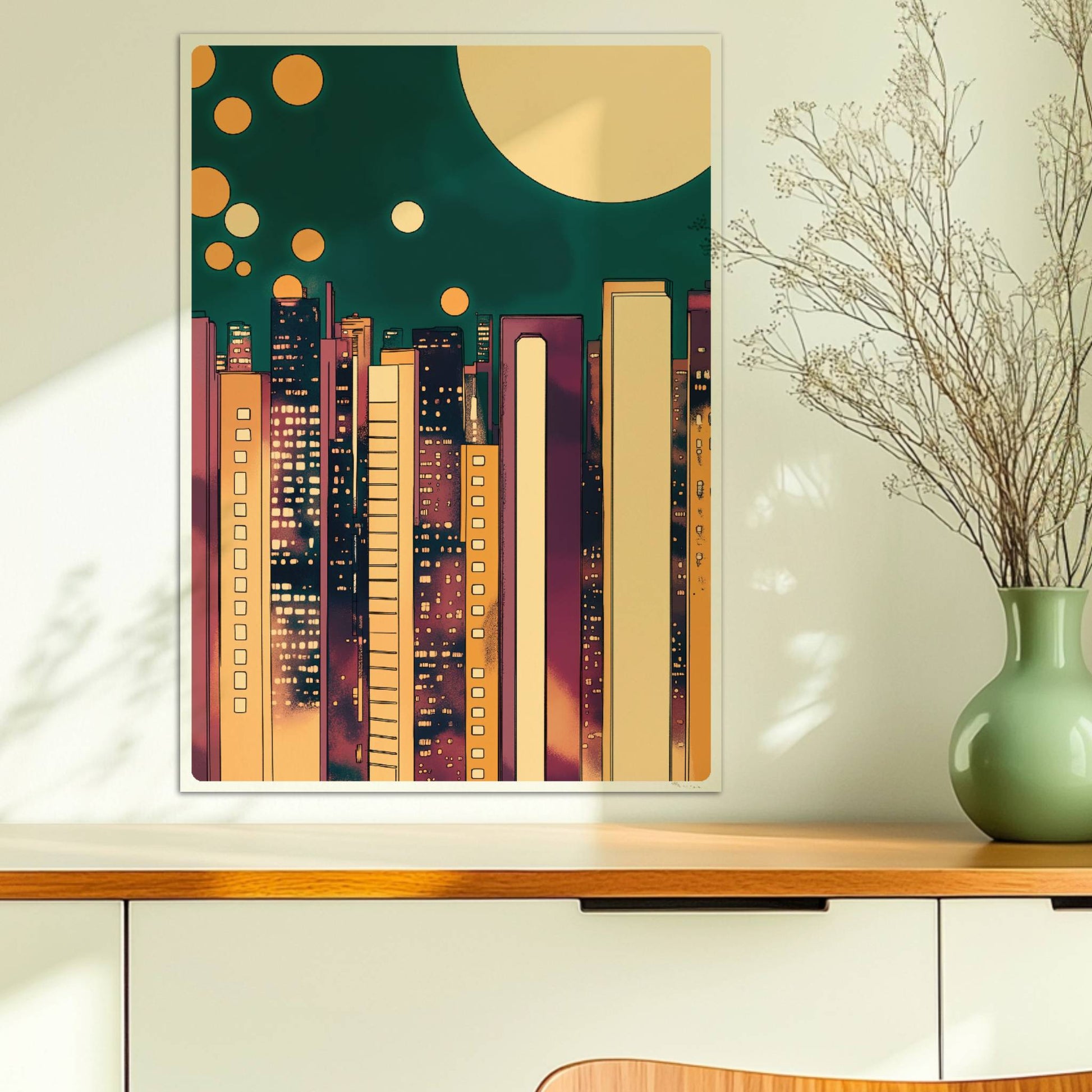 Abstrakte Skyline bei Nacht mit goldenen Lichtkreisen und modernem Stadtbild. Ohne Rahmen 50x70
