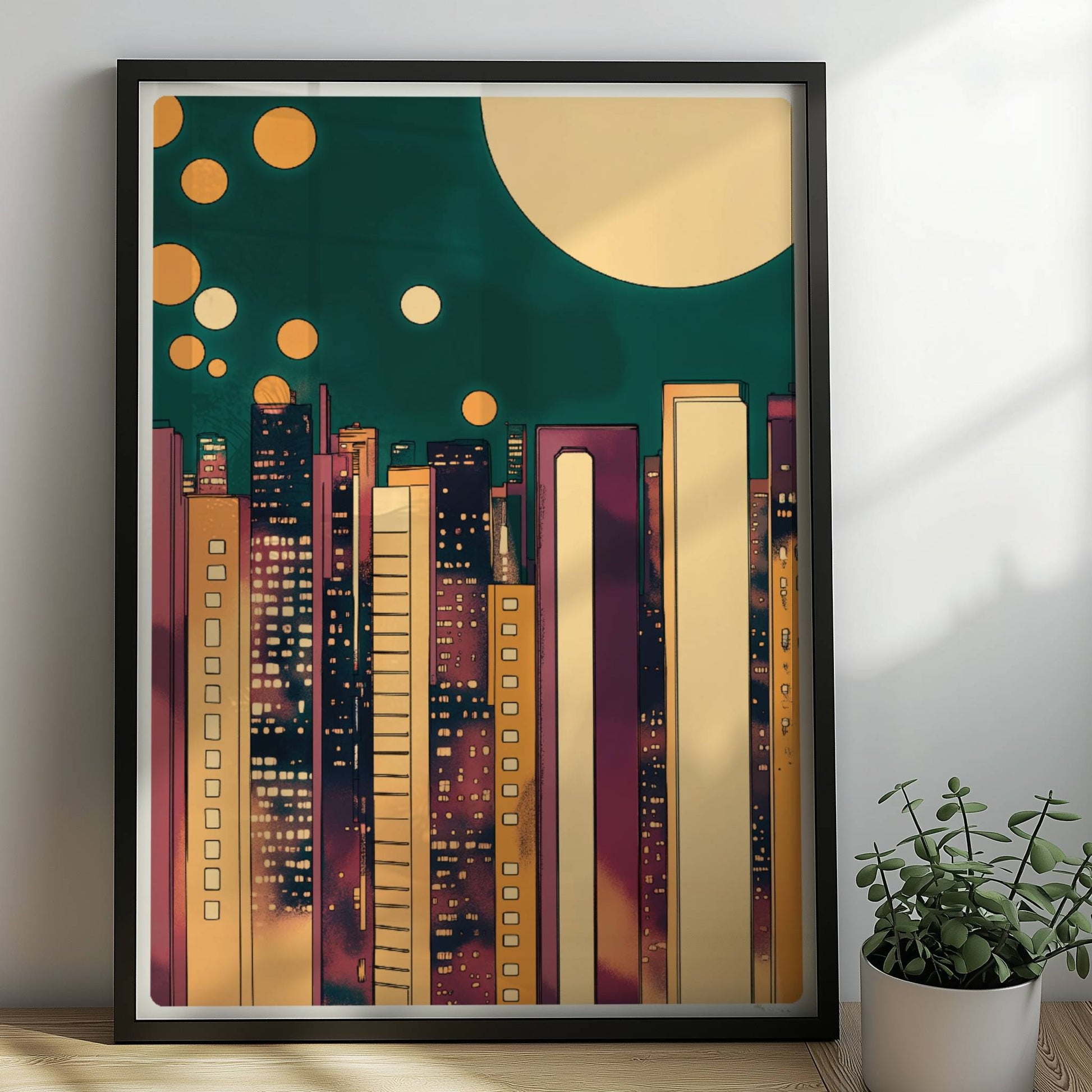 Abstrakte Skyline bei Nacht mit goldenen Lichtkreisen und modernem Stadtbild. Rahmen schwarz 50x70