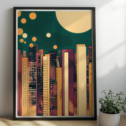 Abstrakte Skyline bei Nacht mit goldenen Lichtkreisen und modernem Stadtbild. Rahmen schwarz 50x70