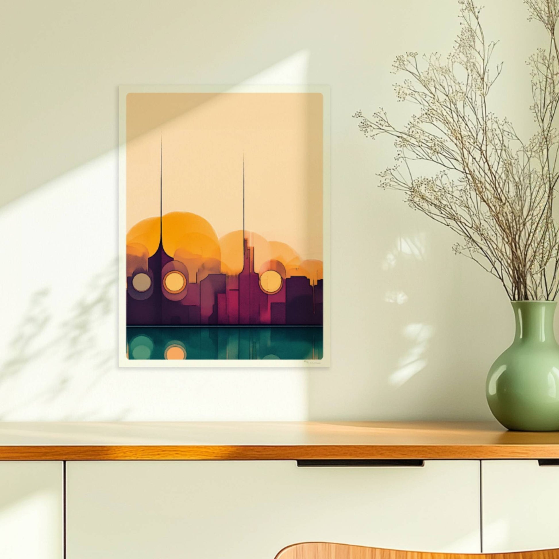 Minimalistische Skyline mit Sonnenuntergang, Spiegelung im Wasser und abstrakten Formen. Ohne Rahmen 30x40