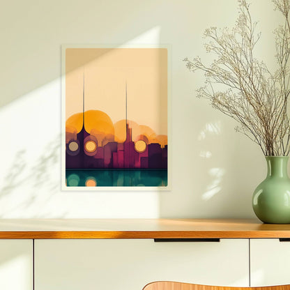 Minimalistische Skyline mit Sonnenuntergang, Spiegelung im Wasser und abstrakten Formen. Ohne Rahmen 30x40