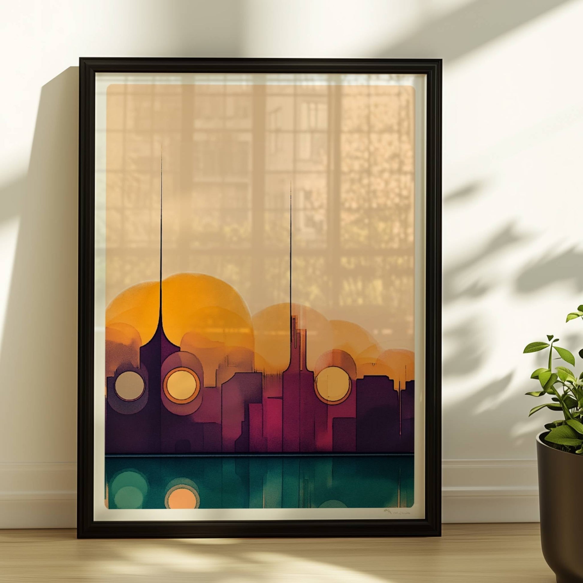 Minimalistische Skyline mit Sonnenuntergang, Spiegelung im Wasser und abstrakten Formen. Rahmen schwarz 30x40