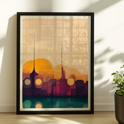 Minimalistische Skyline mit Sonnenuntergang, Spiegelung im Wasser und abstrakten Formen. Rahmen schwarz 30x40