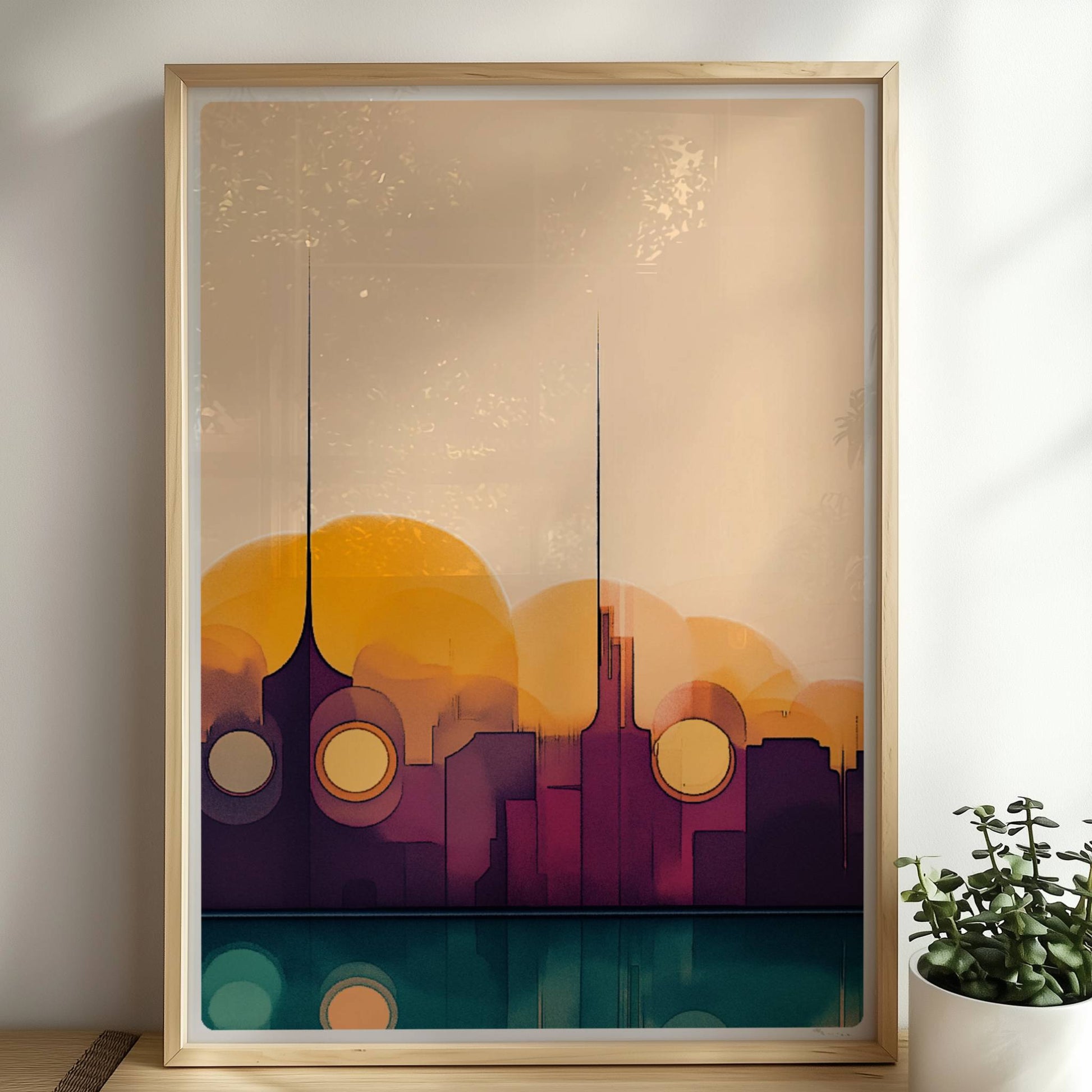 Minimalistische Skyline mit Sonnenuntergang, Spiegelung im Wasser und abstrakten Formen. Rahmen natur 50x70