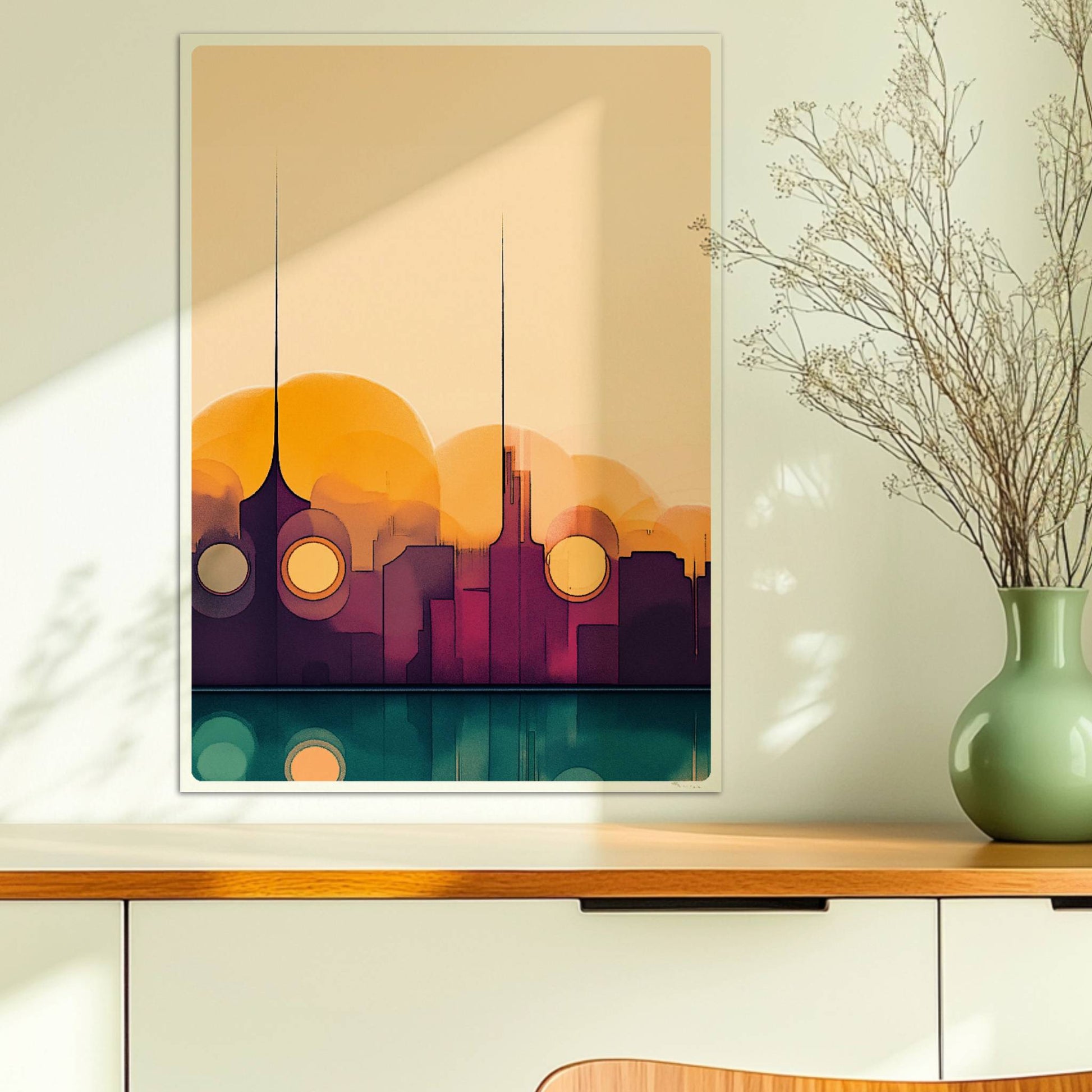 Minimalistische Skyline mit Sonnenuntergang, Spiegelung im Wasser und abstrakten Formen. Ohne Rahmen 50x70