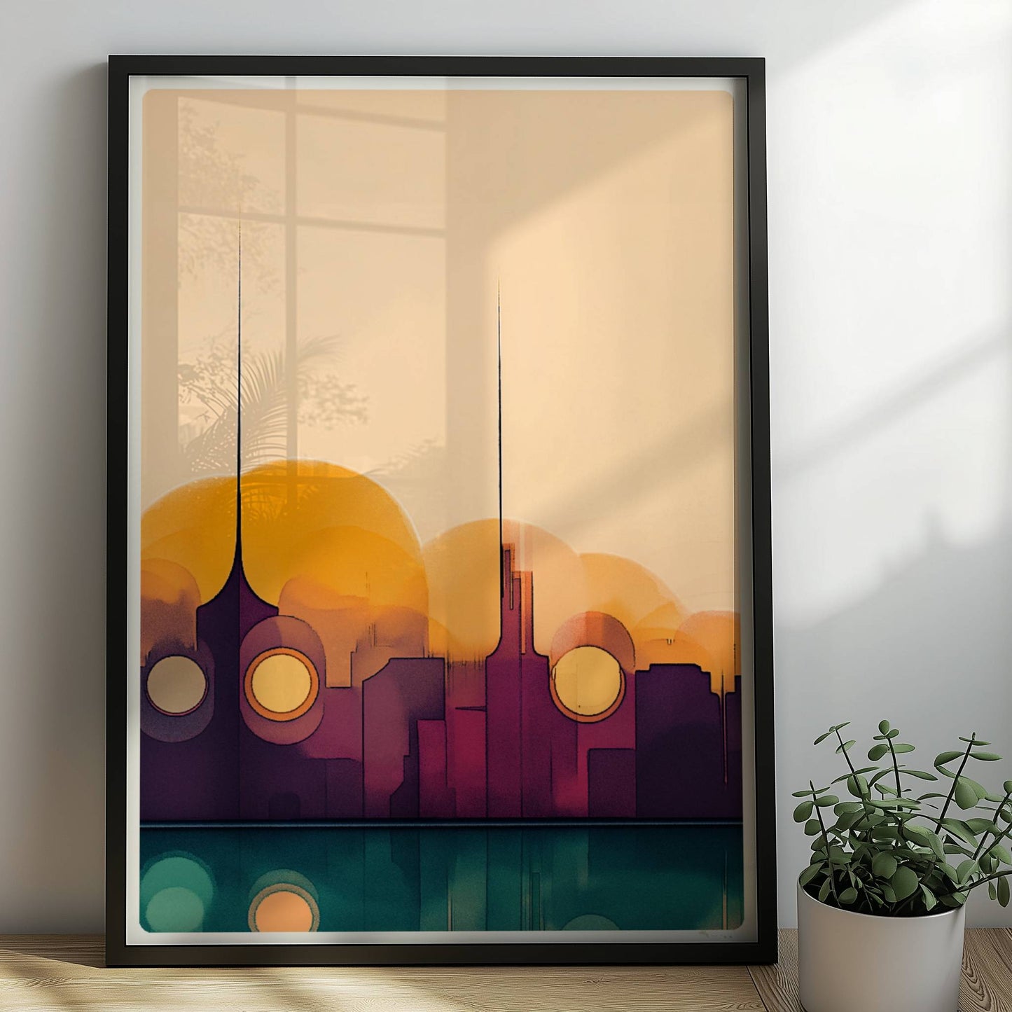 Minimalistische Skyline mit Sonnenuntergang, Spiegelung im Wasser und abstrakten Formen. Rahmen schwarz 50x70
