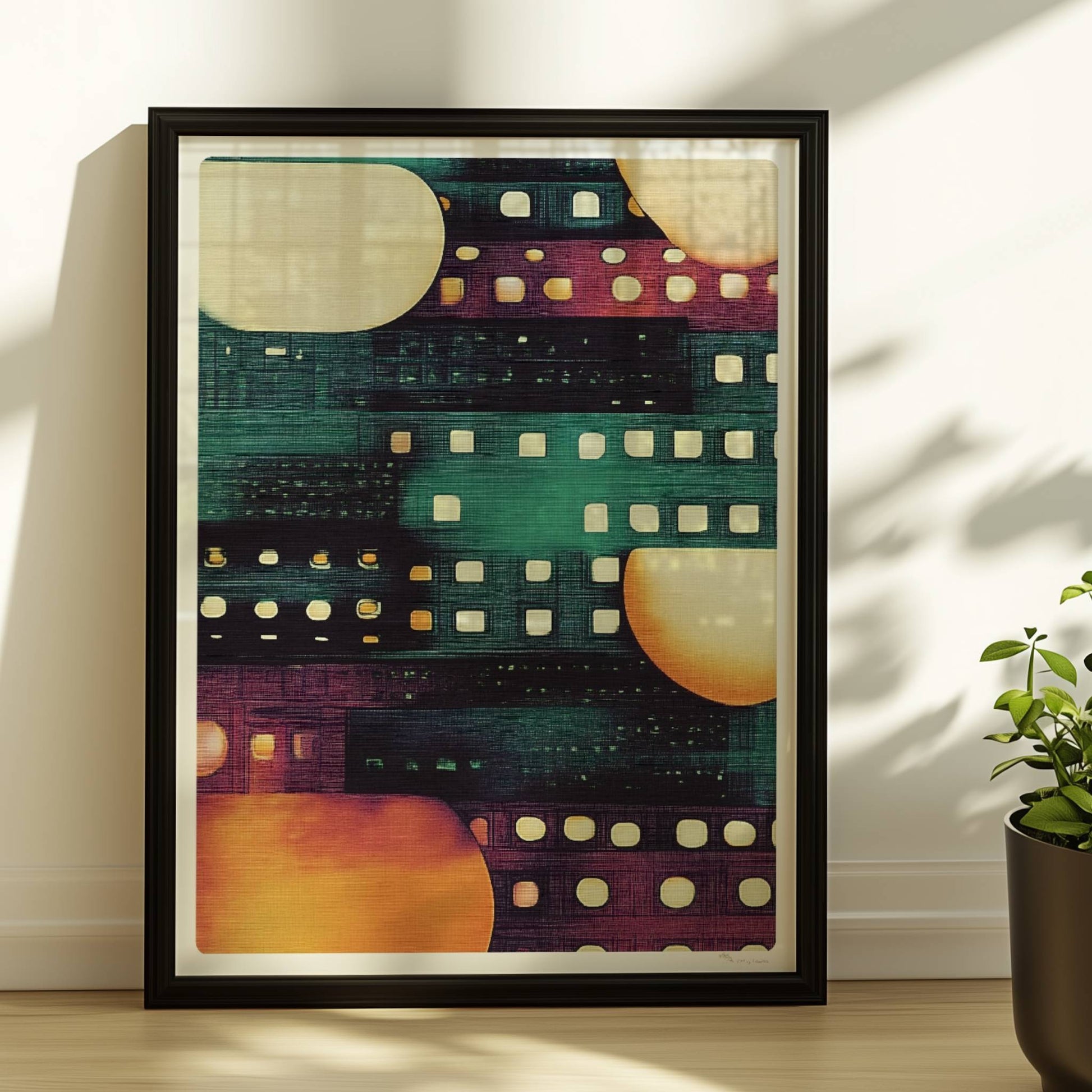 Abstrakte Stadtlichter, geometrische Hochhäuser und leuchtende Fenster in Nachtstimmung. Rahmen schwarz 30x40