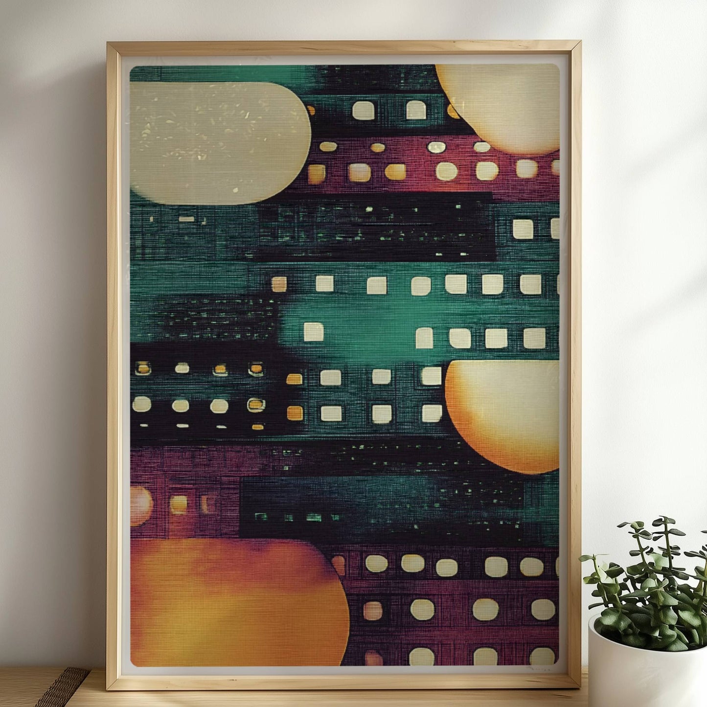 Abstrakte Stadtlichter, geometrische Hochhäuser und leuchtende Fenster in Nachtstimmung. Rahmen natur 50x70