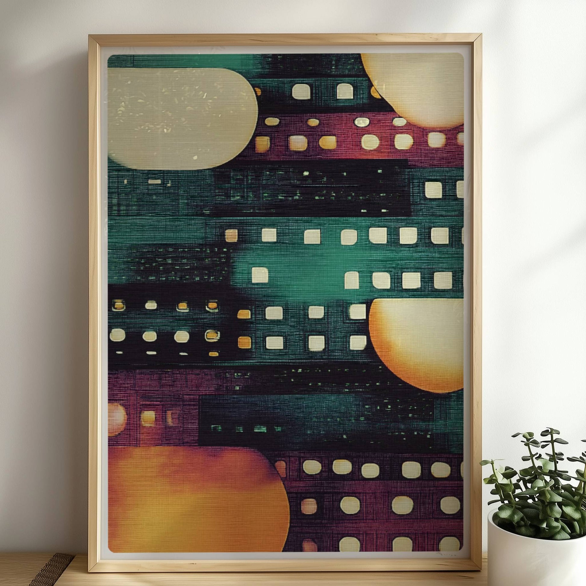 Abstrakte Stadtlichter, geometrische Hochhäuser und leuchtende Fenster in Nachtstimmung. Rahmen natur 50x70