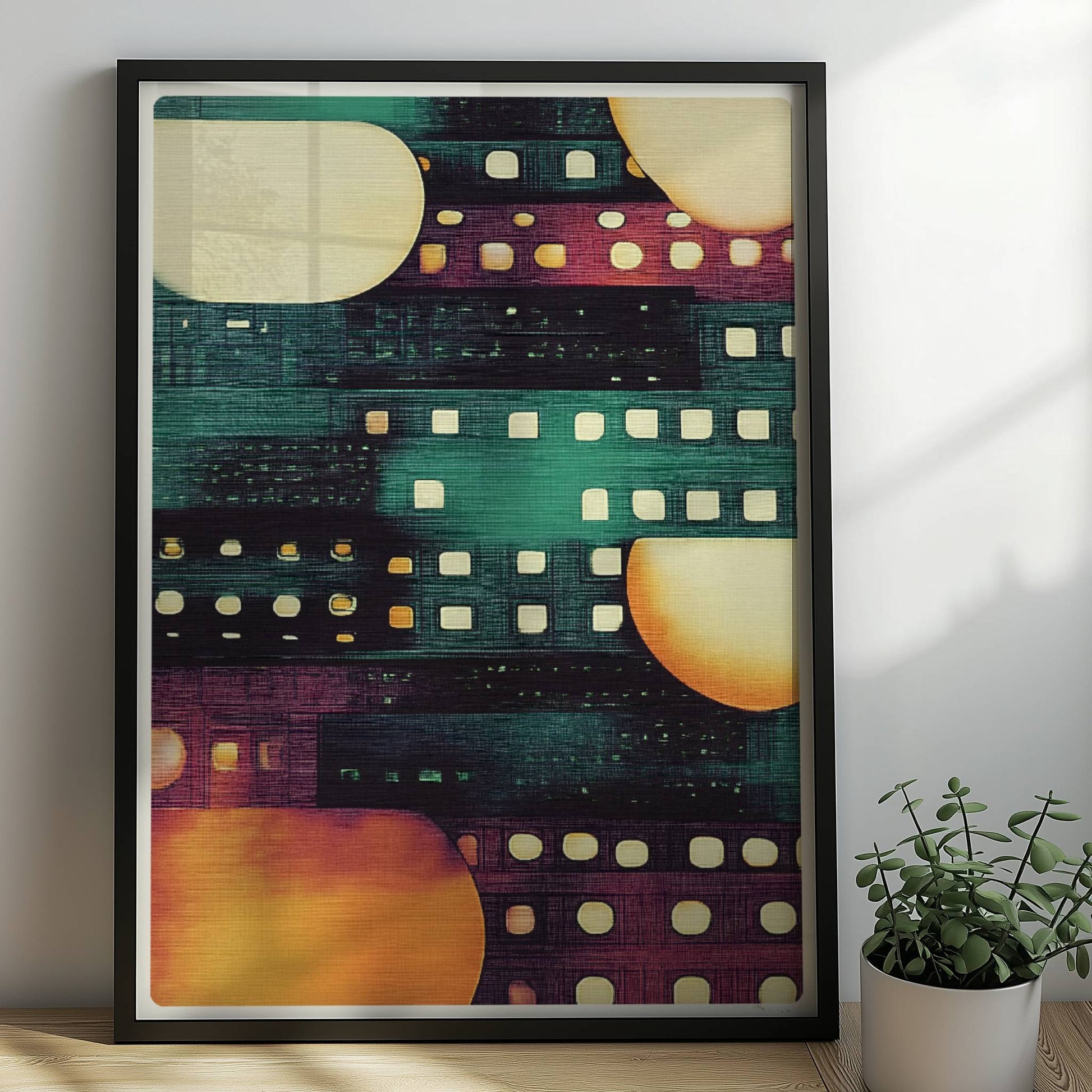 Abstrakte Stadtlichter, geometrische Hochhäuser und leuchtende Fenster in Nachtstimmung. Rahmen schwarz 50x70