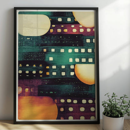 Abstrakte Stadtlichter, geometrische Hochhäuser und leuchtende Fenster in Nachtstimmung. Rahmen schwarz 50x70