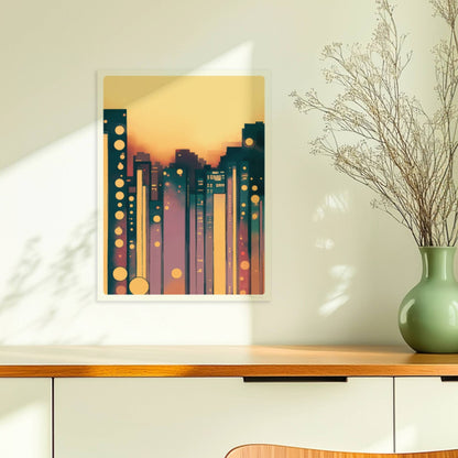 Geometrische Stadt mit leuchtenden Kreisen und modernem Skyline-Design. Ohne Rahmen 30x40