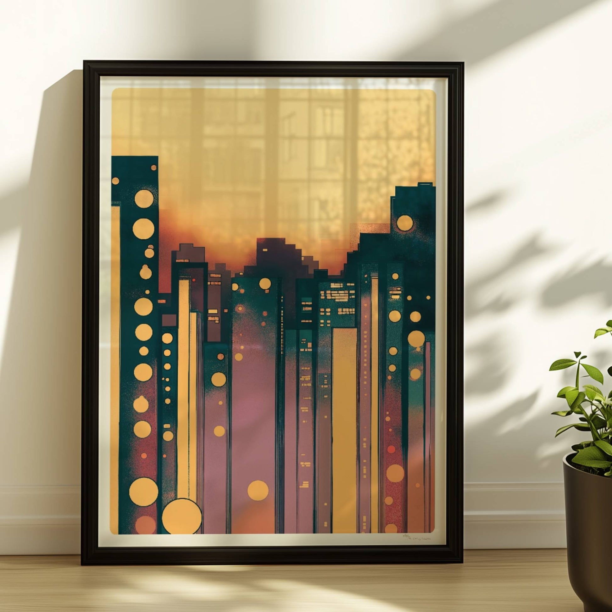 Geometrische Stadt mit leuchtenden Kreisen und modernem Skyline-Design. Rahmen schwarz 30x40