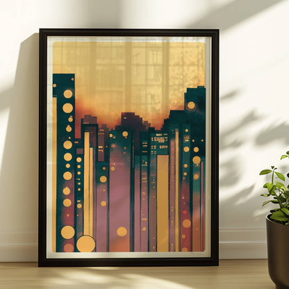 Geometrische Stadt mit leuchtenden Kreisen und modernem Skyline-Design. Rahmen schwarz 30x40
