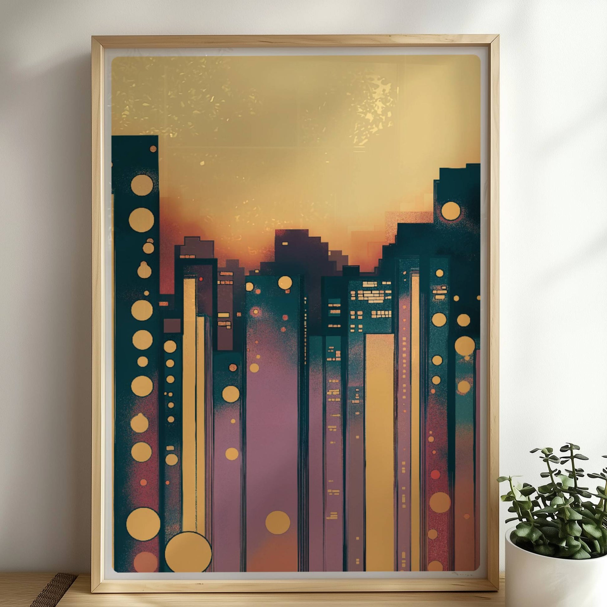 Geometrische Stadt mit leuchtenden Kreisen und modernem Skyline-Design. Rahmen natur 50x70