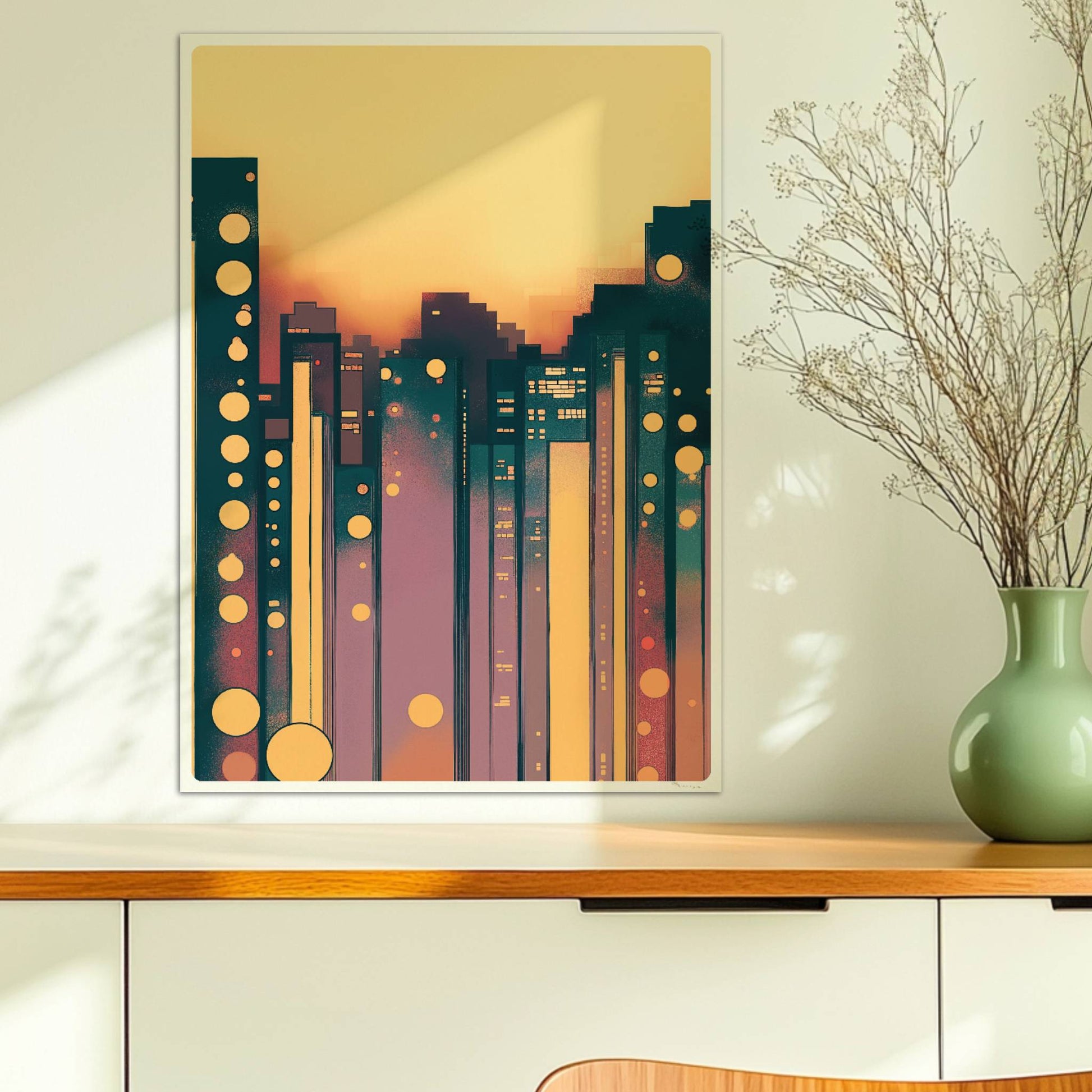 Geometrische Stadt mit leuchtenden Kreisen und modernem Skyline-Design. Ohne Rahmen 50x70