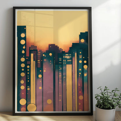 Geometrische Stadt mit leuchtenden Kreisen und modernem Skyline-Design. Rahmen schwarz 50x70