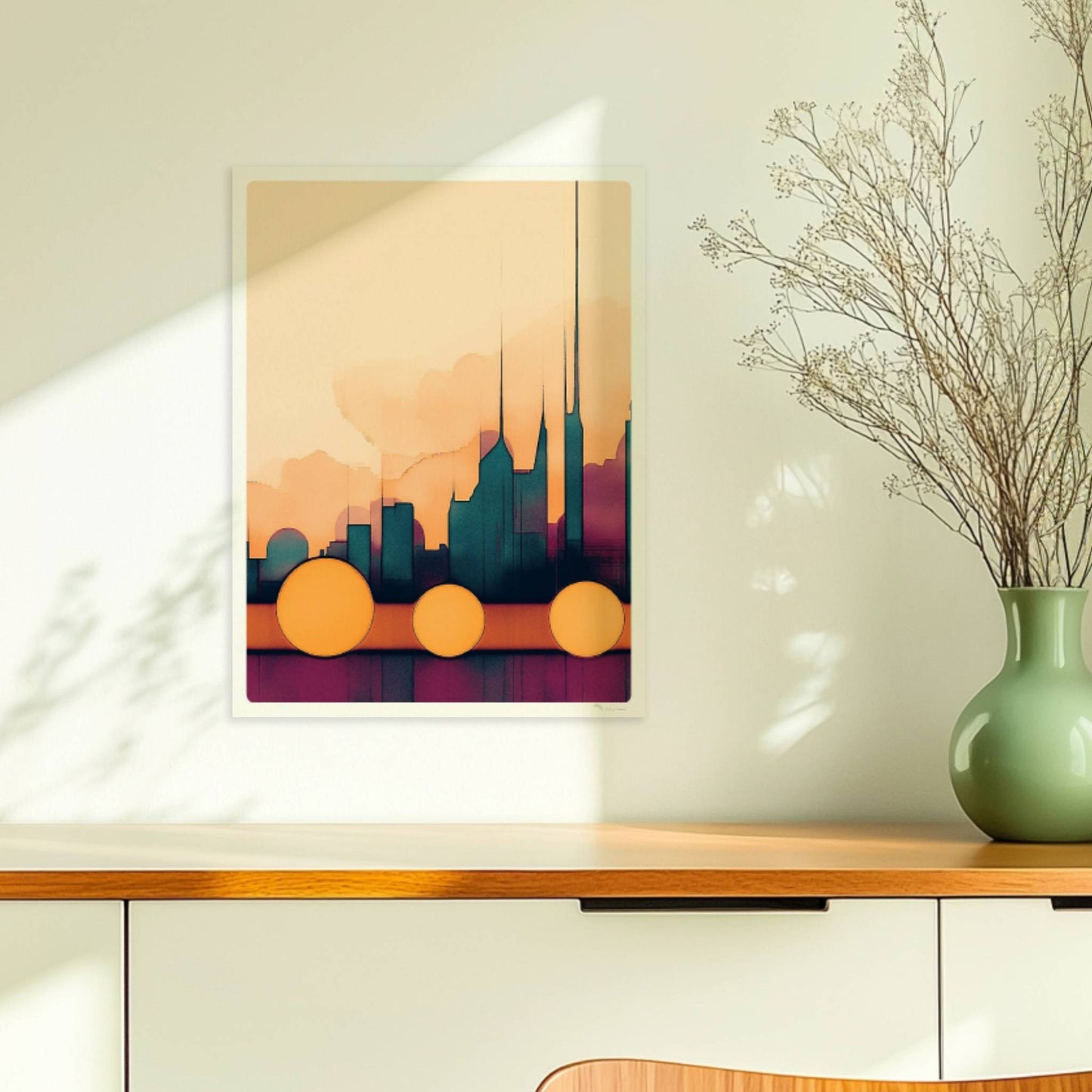 Abstrakte Skyline mit großen Kreisen vor hellen Wolken und türkisfarbenem Wasser. Ohne Rahmen 30x40