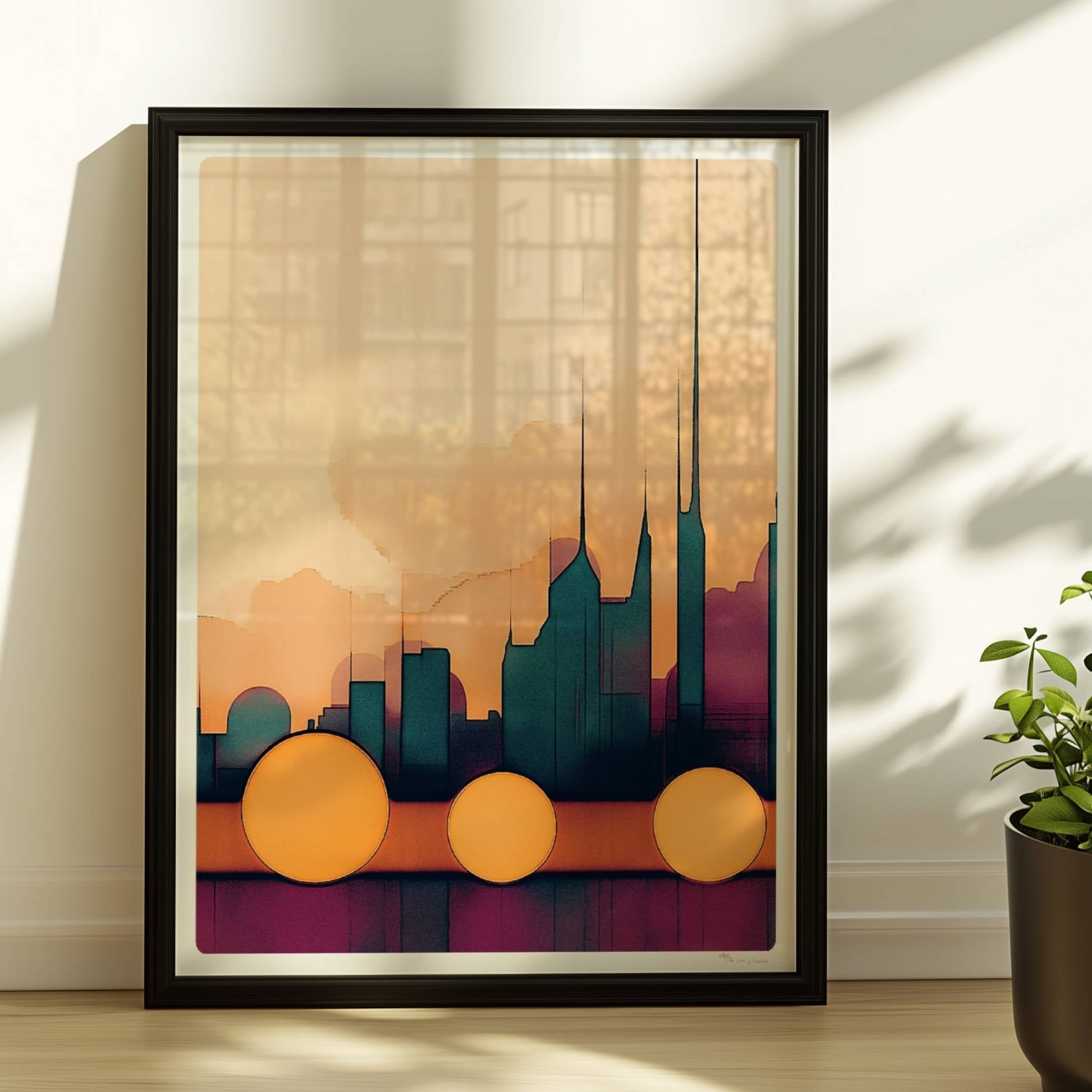 Abstrakte Skyline mit großen Kreisen vor hellen Wolken und türkisfarbenem Wasser. Rahmen schwarz 30x40
