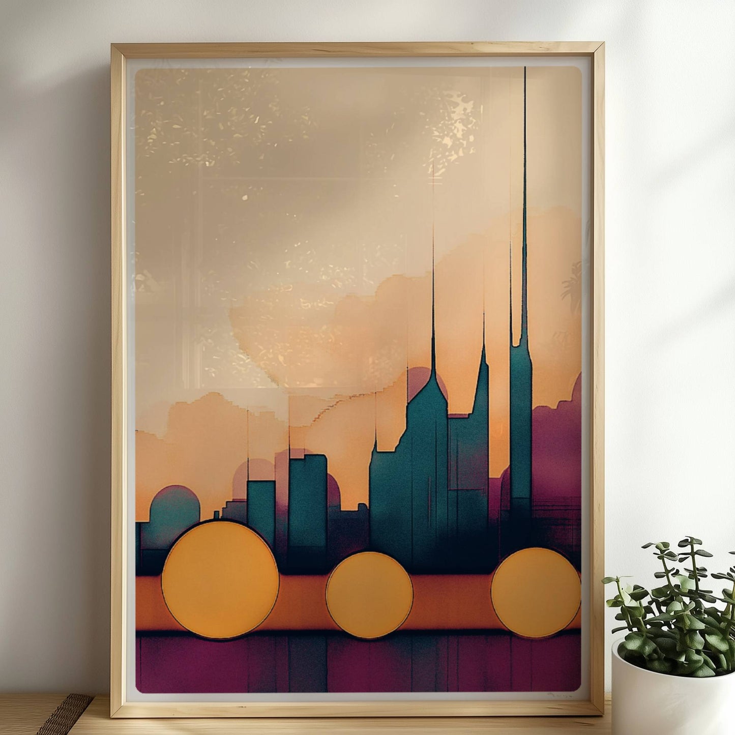 Abstrakte Skyline mit großen Kreisen vor hellen Wolken und türkisfarbenem Wasser. Rahmen natur 50x70