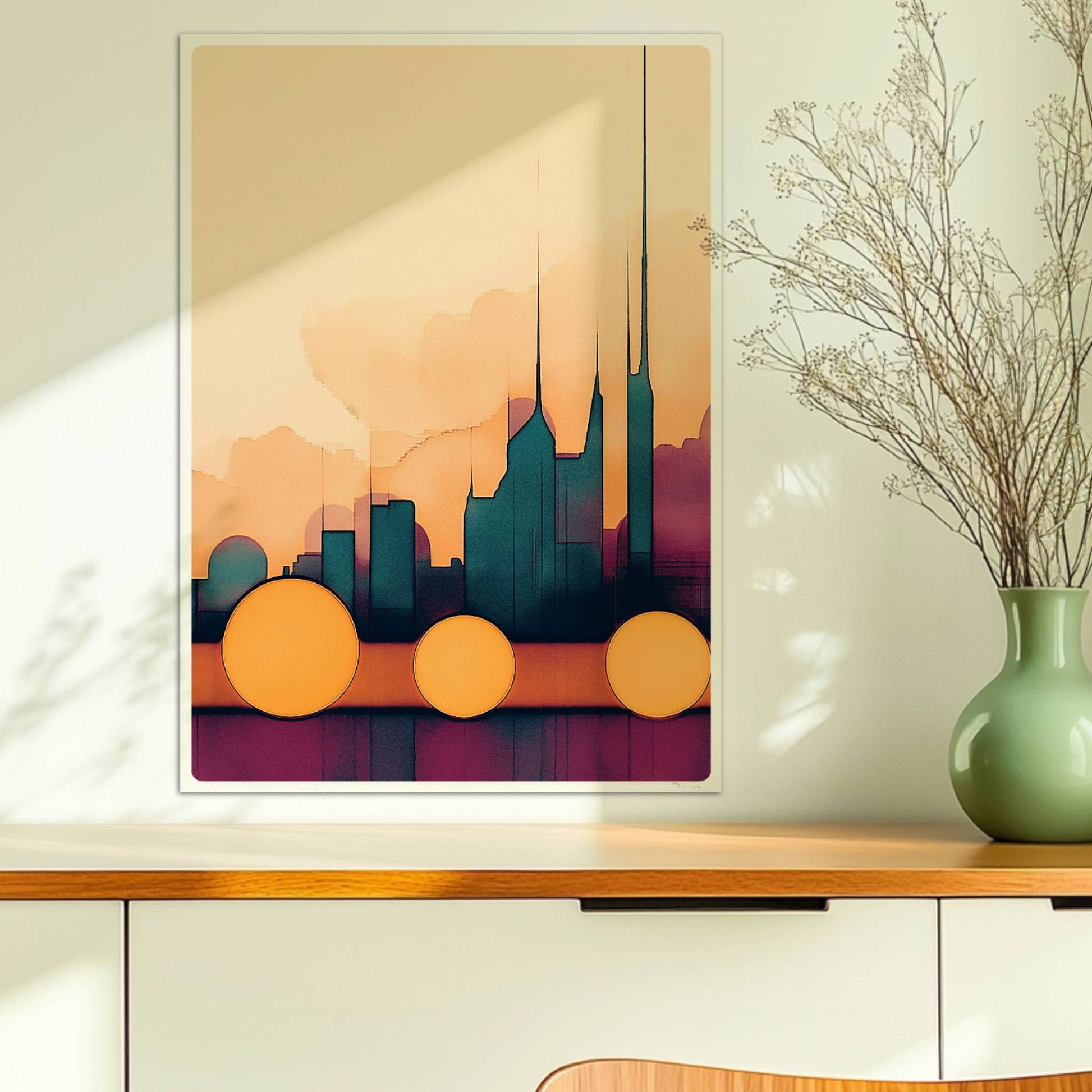 Abstrakte Skyline mit großen Kreisen vor hellen Wolken und türkisfarbenem Wasser. Ohne Rahmen 50x70