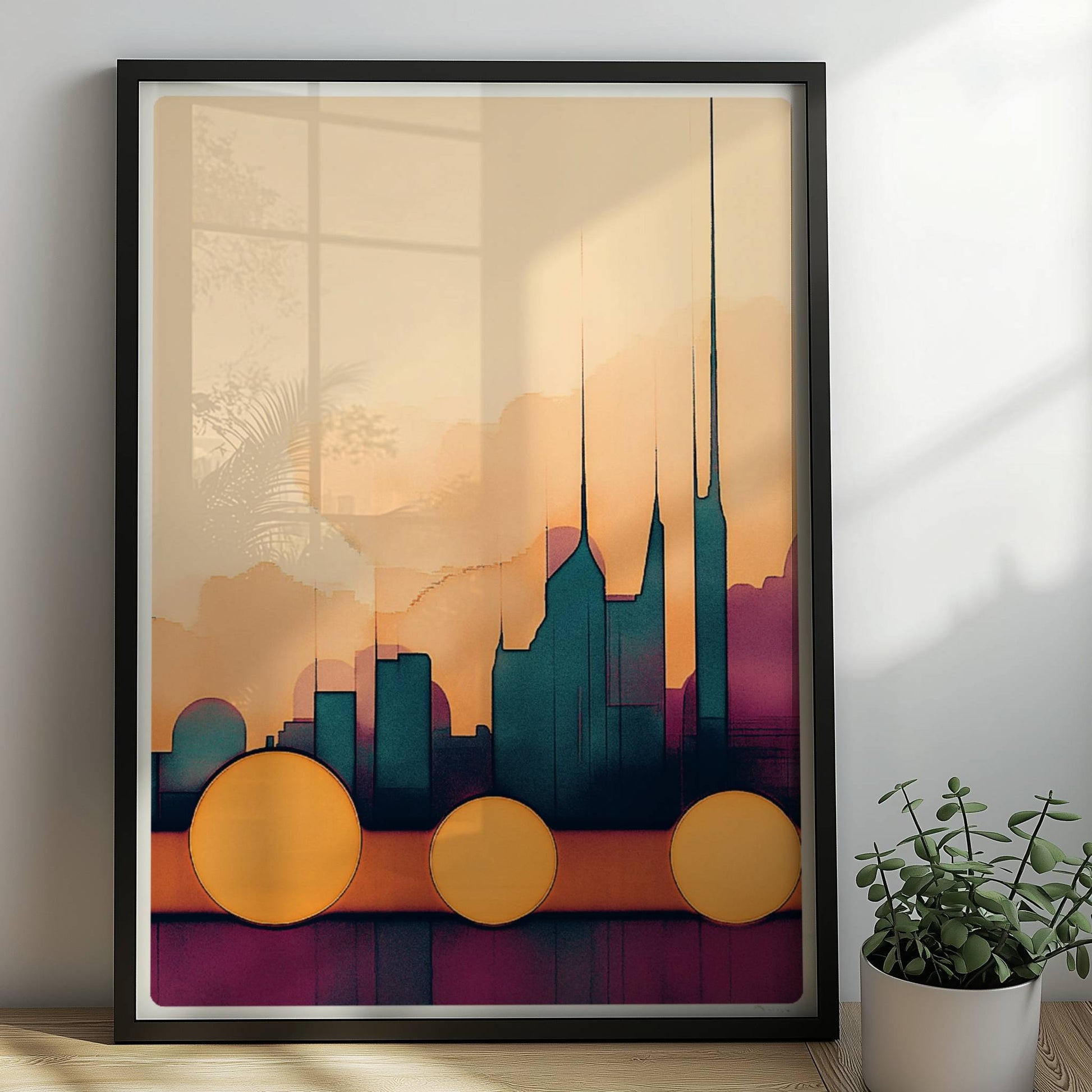 Abstrakte Skyline mit großen Kreisen vor hellen Wolken und türkisfarbenem Wasser. Rahmen schwarz 50x70