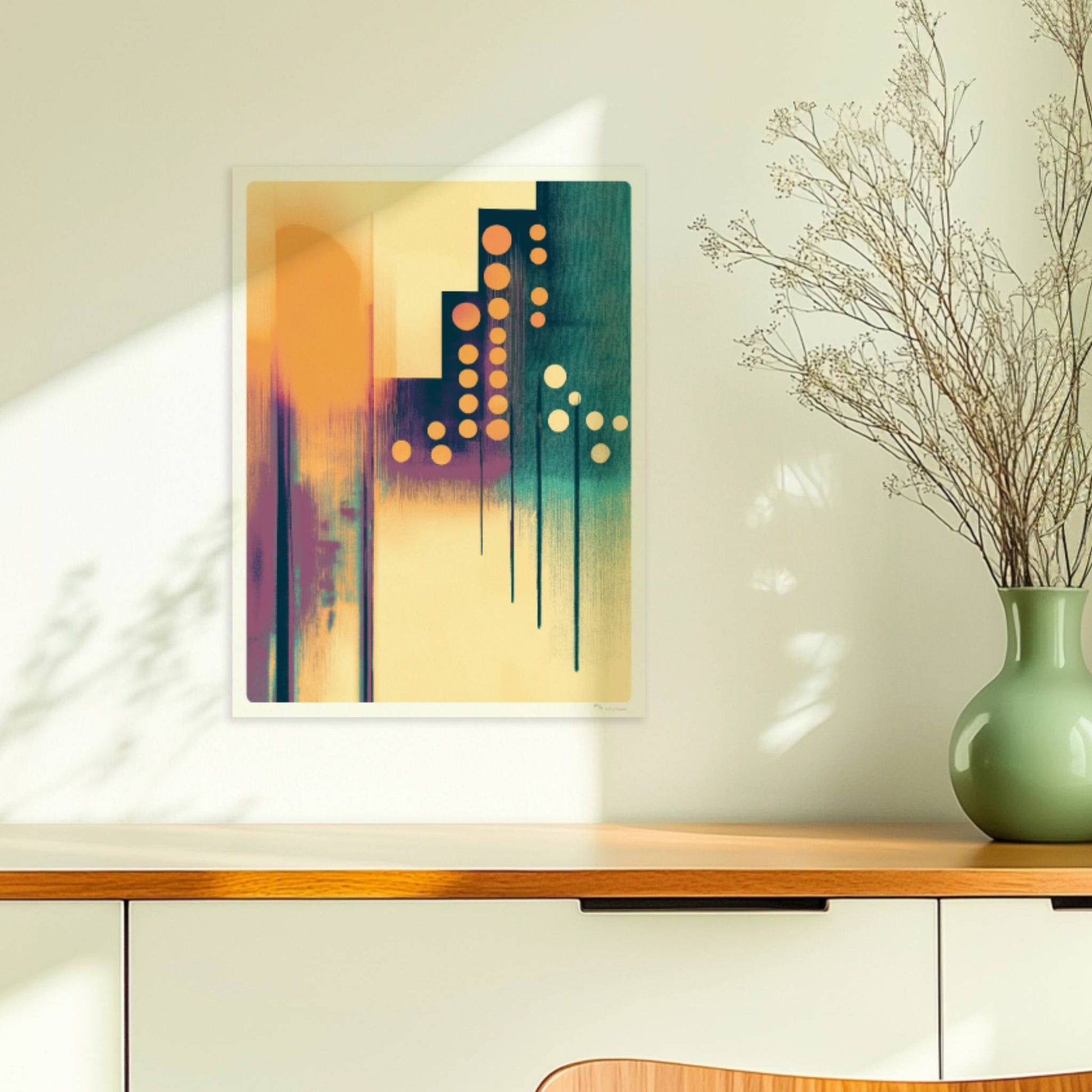 Abstrakte Stadtlandschaft mit vertikalen Linien und orangefarbenen Lichtkreisen. Ohne Rahmen 30x40