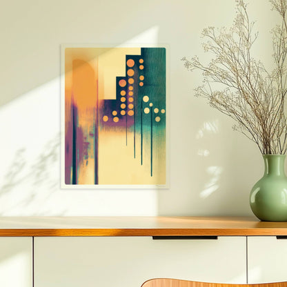 Abstrakte Stadtlandschaft mit vertikalen Linien und orangefarbenen Lichtkreisen. Ohne Rahmen 30x40