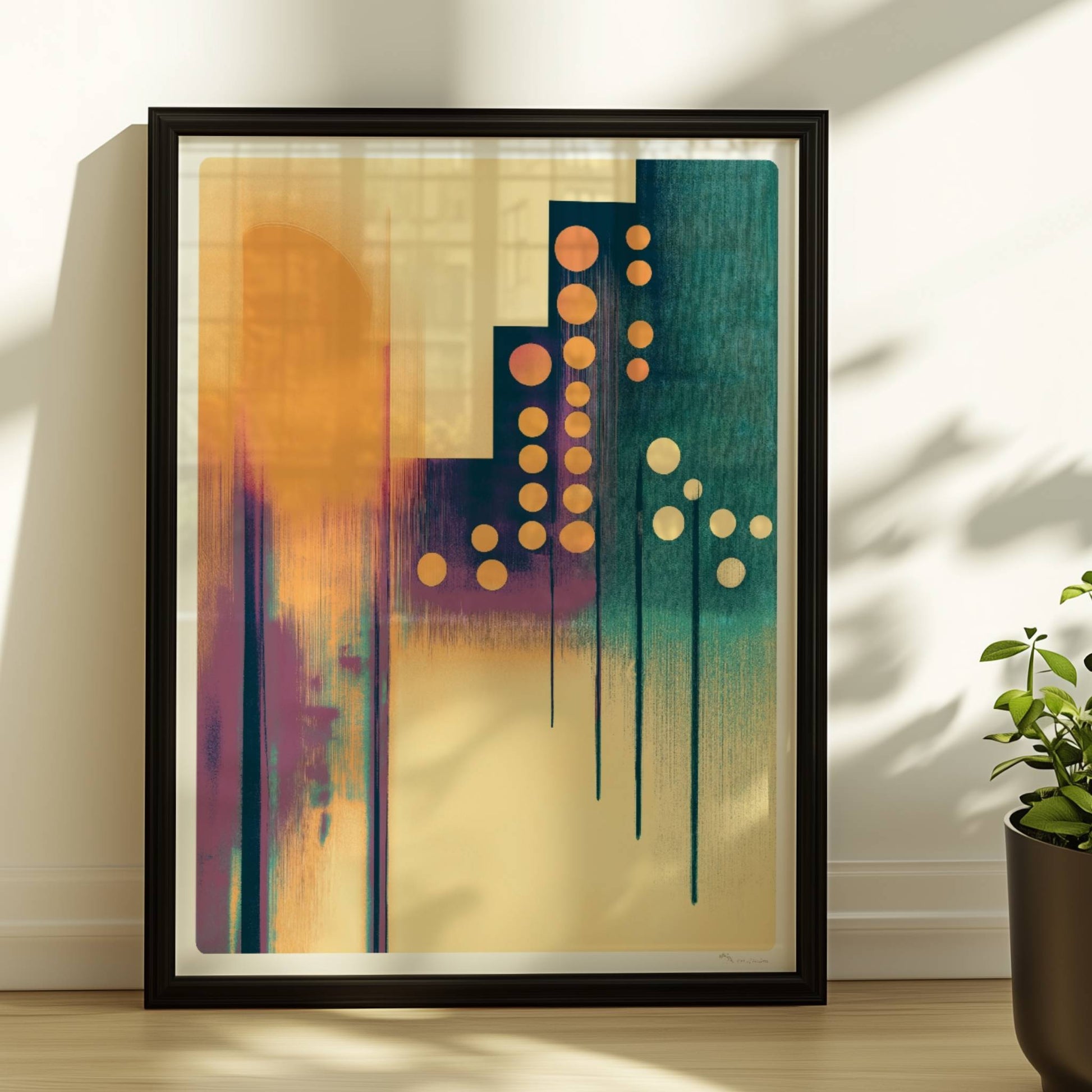 Abstrakte Stadtlandschaft mit vertikalen Linien und orangefarbenen Lichtkreisen. Rahmen schwarz 30x40