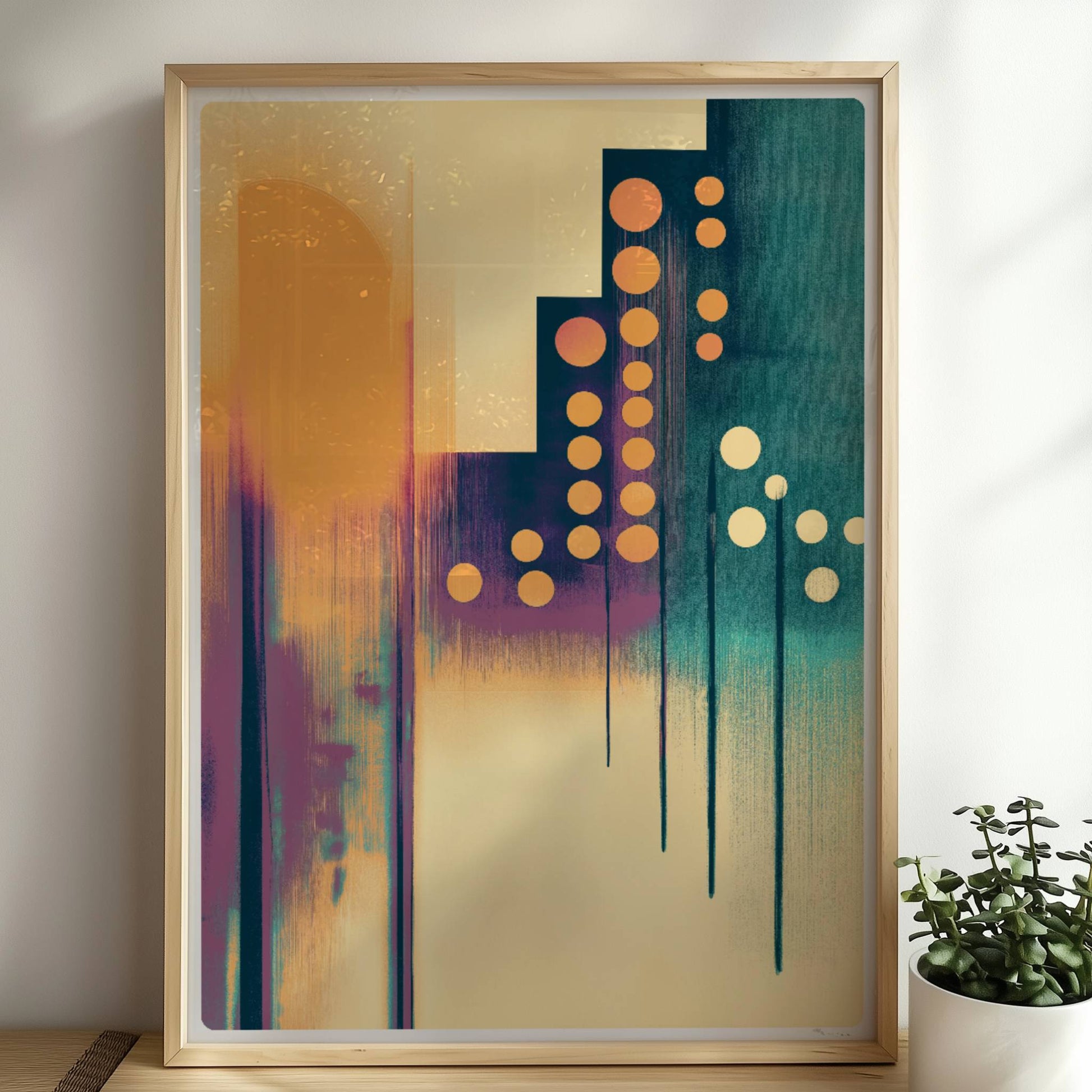 Abstrakte Stadtlandschaft mit vertikalen Linien und orangefarbenen Lichtkreisen. Rahmen natur 50x70