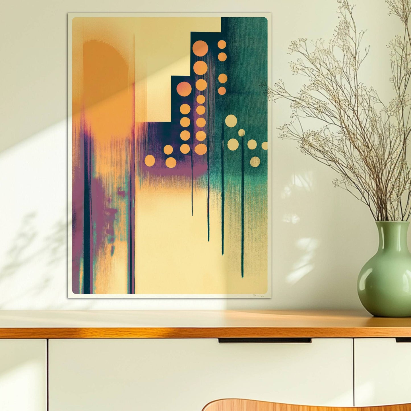 Abstrakte Stadtlandschaft mit vertikalen Linien und orangefarbenen Lichtkreisen. Ohne Rahmen 50x70