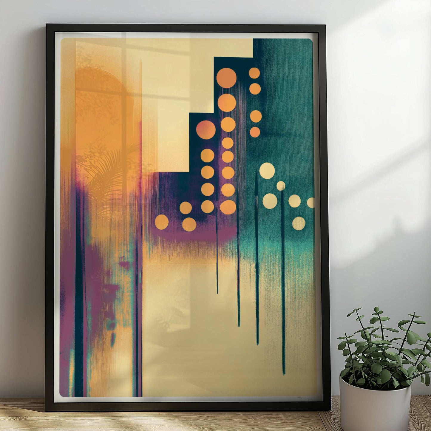 Abstrakte Stadtlandschaft mit vertikalen Linien und orangefarbenen Lichtkreisen. Rahmen schwarz 50x70
