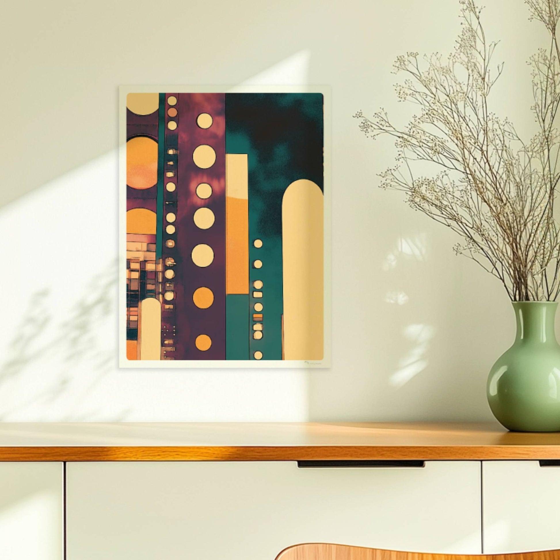 Geometrische Hochhausfassaden mit großen Punkten und modernen Linien in Türkis und Orange. Ohne Rahmen 30x40