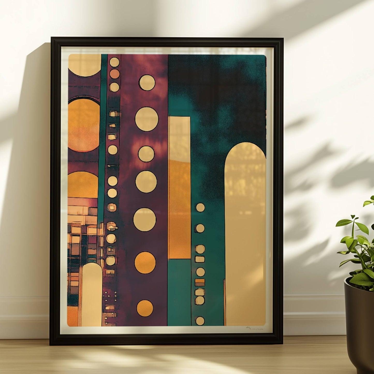 Geometrische Hochhausfassaden mit großen Punkten und modernen Linien in Türkis und Orange. Rahmen schwarz 30x40